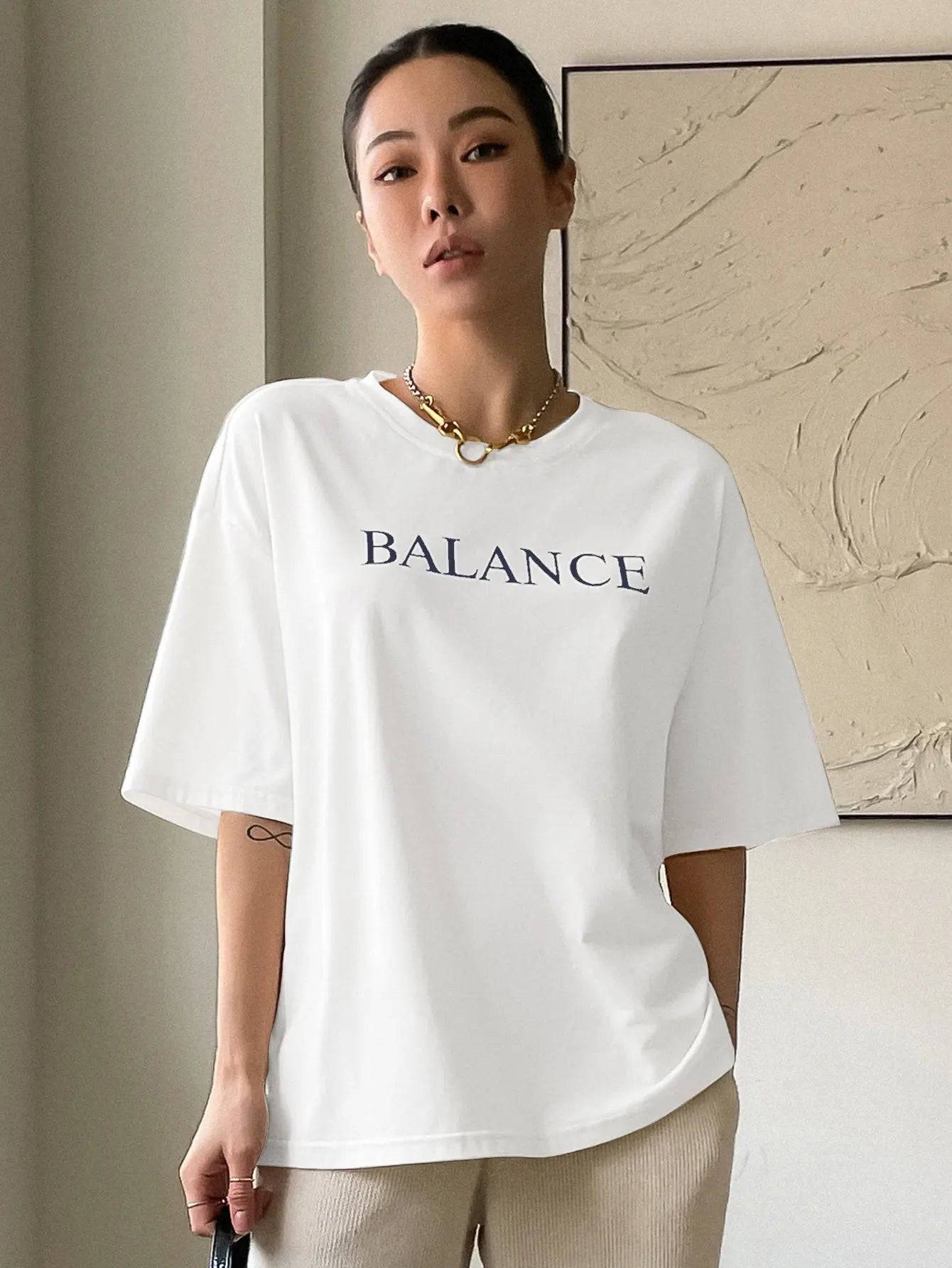 
                  
                    Balance Letter Printed Casual T-Shirts Women Summer Loose Oversize Short Sleeve Fashion Street Tshirt 100% Cotton Tee Clothing
                  
                