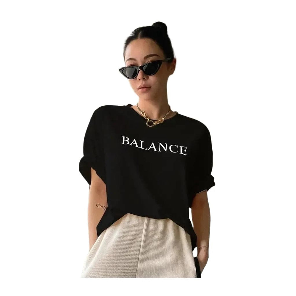 Balance Letter Printed Casual T-Shirts Women Summer Loose Oversize Short Sleeve Fashion Street Tshirt 100% Cotton Tee Clothing