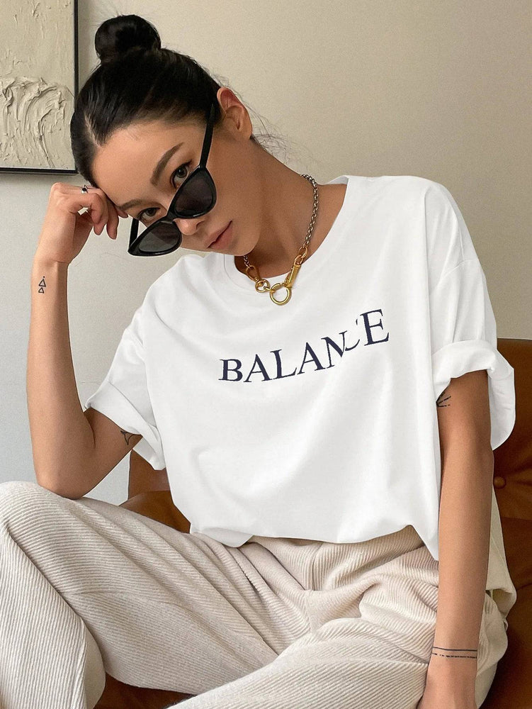 
                  
                    Balance Letter Printed Casual T-Shirts Women Summer Loose Oversize Short Sleeve Fashion Street Tshirt 100% Cotton Tee Clothing
                  
                