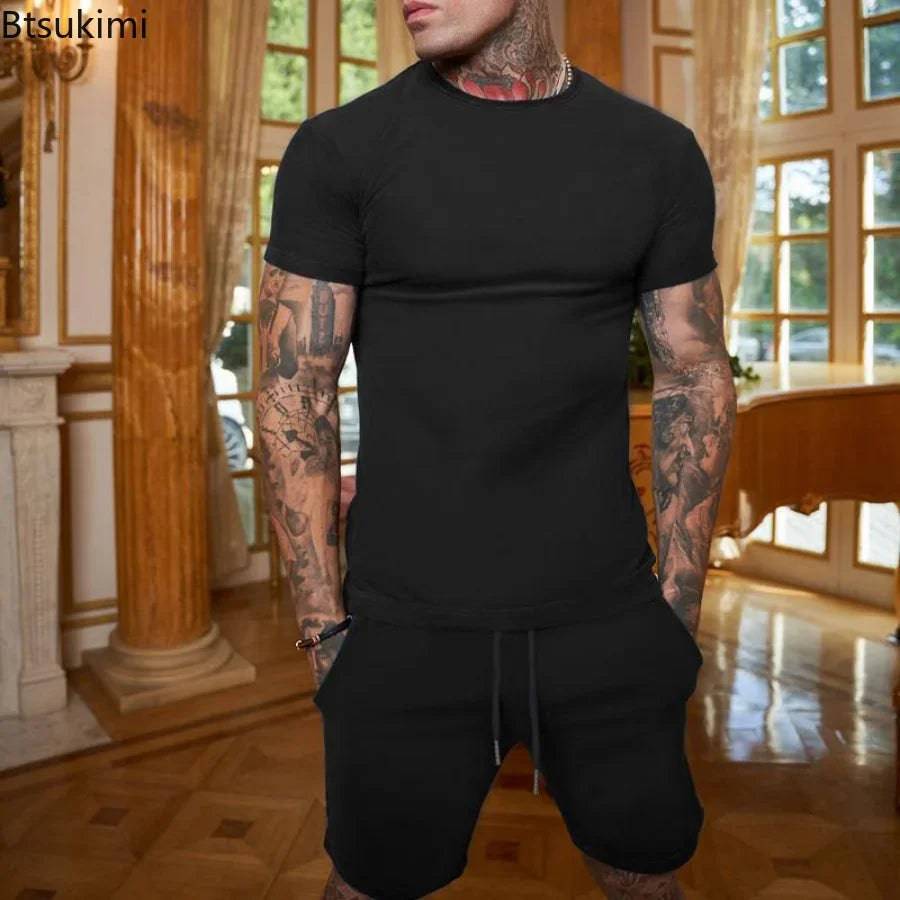 
                  
                    2024 Summer 2PCS Tracksuit for Men Short Sleeve T-Shirt+Shorts 2 Piece Set Sports Suit Men Solid Gyms Fitness Sportswear Sets
                  
                