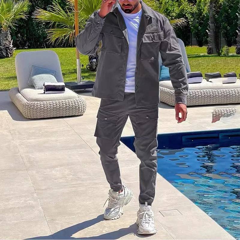 
                  
                    Men's Jacket Cargo Pants Set with Pocket Button Spring Fall Blue Tracksuit High Quality Solid Color Male Fashion 2 Pieces Suit
                  
                