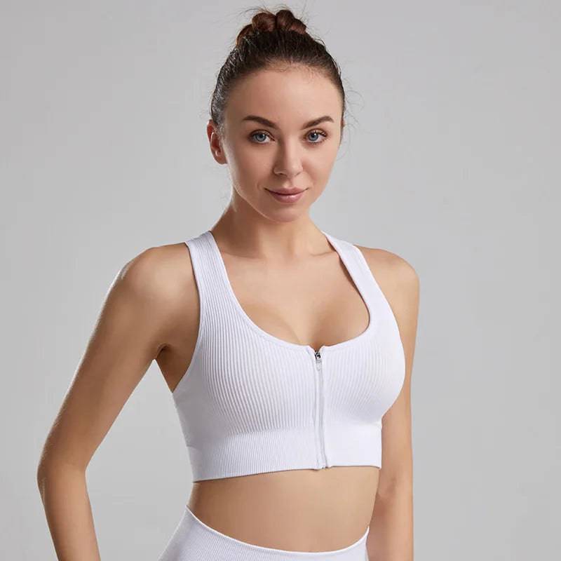 
                  
                    Women's Sports Top Front Zipper Push Up Bra Knitted Fitness Crop Top Sexy Yoga Running Vest Padded Workout Bras Sportswear
                  
                