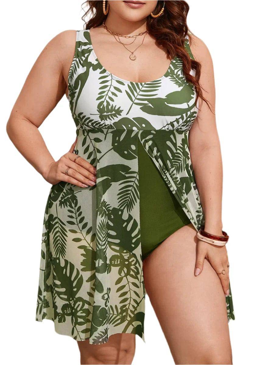 Large Size Plant Print Ruffle Hem One Piece Swimsuit Plus Swimwear Female Bathers Bathing Swimming Suit Summer Beachwear