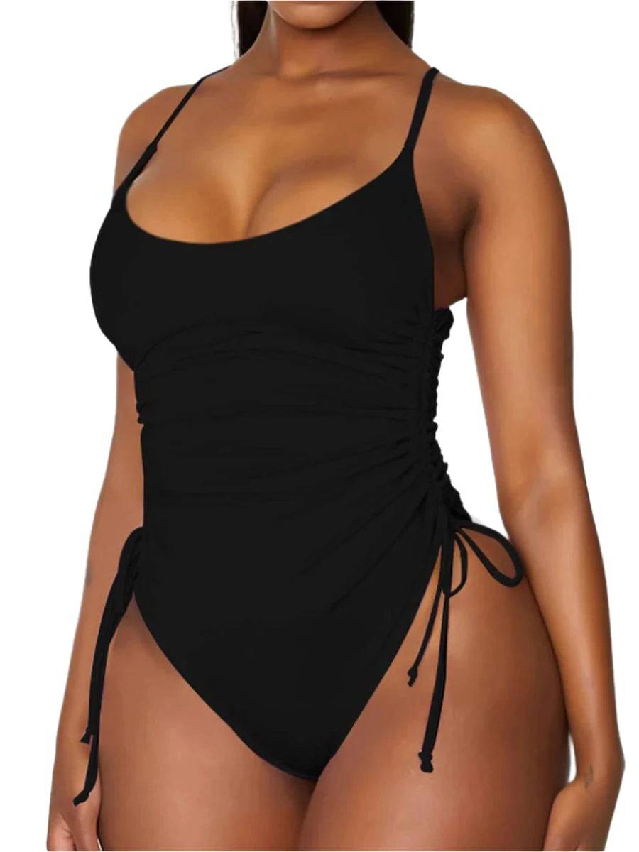 2023 Drawstring Swimwear Women One Piece Swimsuit Solid Plus Bathers Bathing Swim Suit Padded Beachwear Swimming Bodysuit XXL