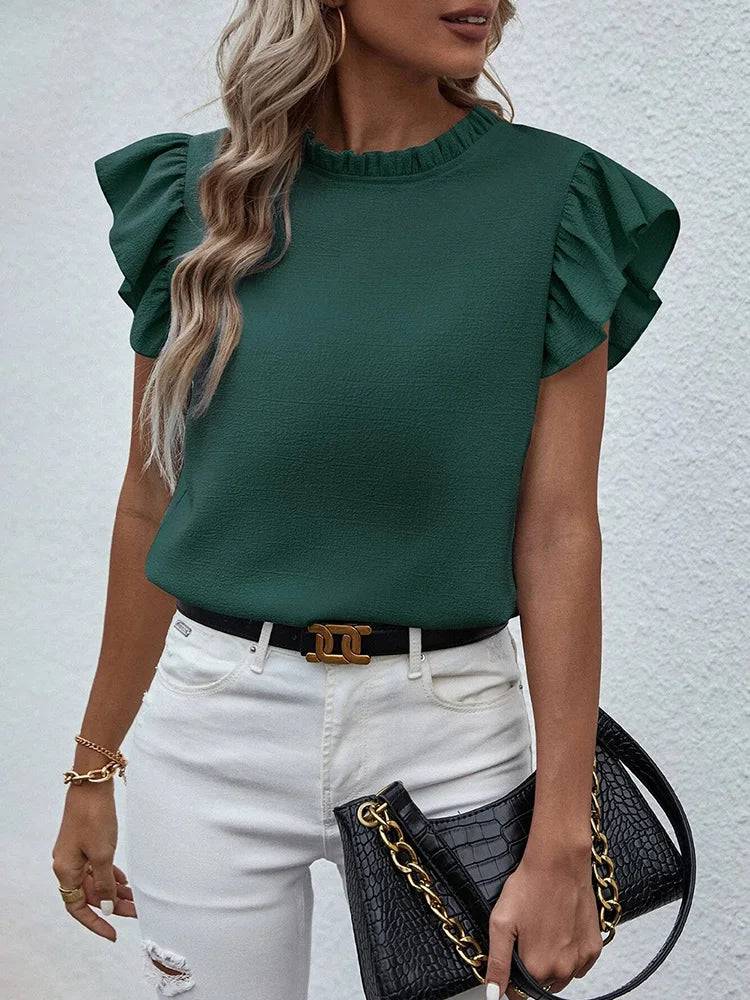 
                  
                    Elegant Ruffles Sleeveless O Neck Loose Blouse Women Summer Casual Solid Shirt Office Lady Chic Simple Luxury Tops Streetwear
                  
                