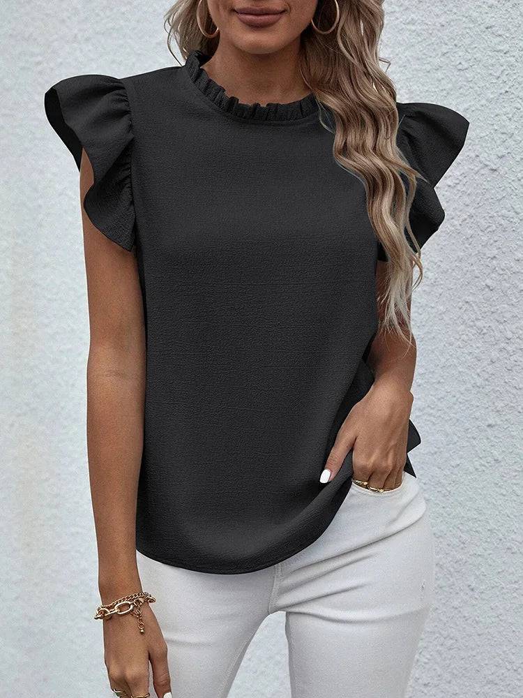 
                  
                    Elegant Ruffles Sleeveless O Neck Loose Blouse Women Summer Casual Solid Shirt Office Lady Chic Simple Luxury Tops Streetwear
                  
                