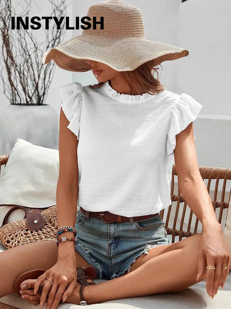 
                  
                    Elegant Ruffles Sleeveless O Neck Loose Blouse Women Summer Casual Solid Shirt Office Lady Chic Simple Luxury Tops Streetwear
                  
                