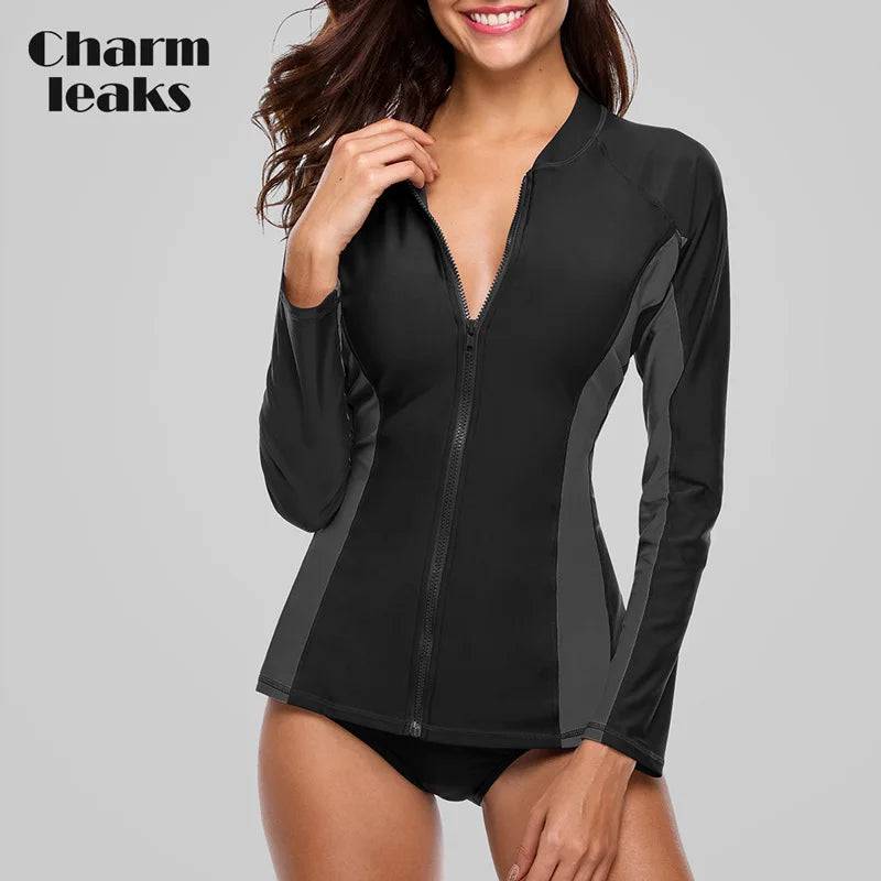 
                  
                    Charmleaks Women Long Sleeve Zipper Rashguard Swimsuit Surfing Top Rash Guard Zipper UPF50+ Running Shirt Biking Shirt Swimwear
                  
                