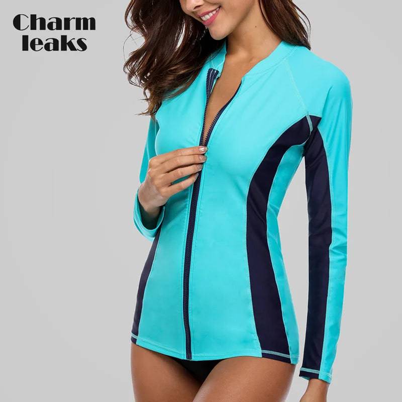 
                  
                    Charmleaks Women Long Sleeve Zipper Rashguard Swimsuit Surfing Top Rash Guard Zipper UPF50+ Running Shirt Biking Shirt Swimwear
                  
                