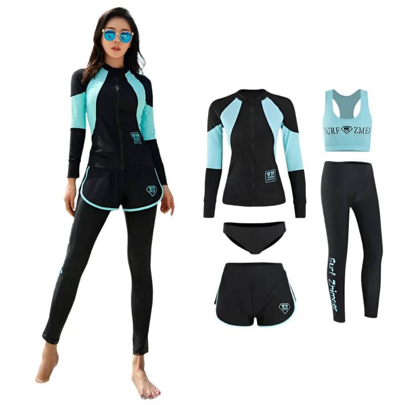 Long Sleeve Rash Guard Women Patchwork 5 Pieces Swimsuit Zipper Swimwear Bathing Suits Surfing Pad Long Pant Couples Men 3 Piece