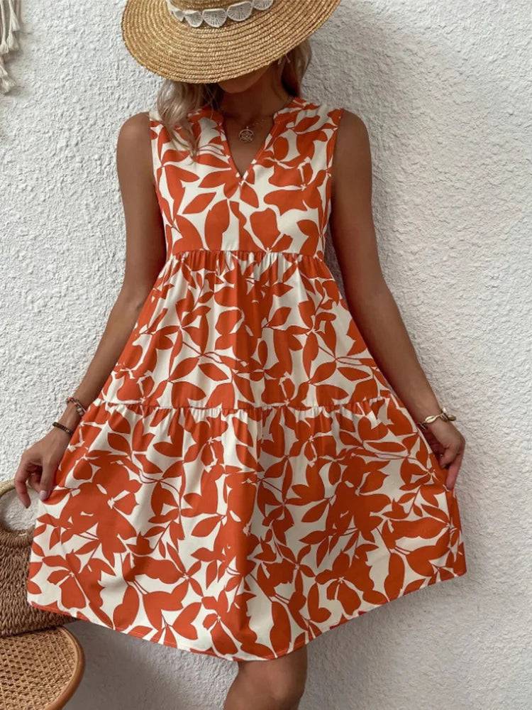 
                  
                    Elegant V Neck Print Ruffles A Line Dress Women Summer Sleeveless Bohemian Sundress Casual Loose Knee Length Beach Party Dress
                  
                