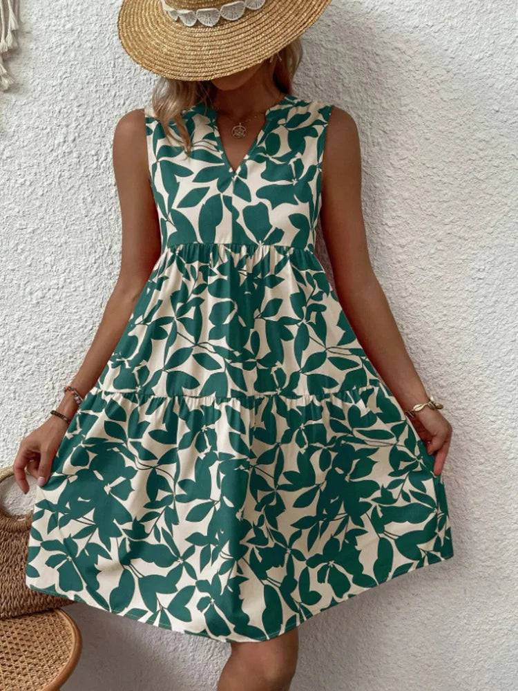 
                  
                    Elegant V Neck Print Ruffles A Line Dress Women Summer Sleeveless Bohemian Sundress Casual Loose Knee Length Beach Party Dress
                  
                