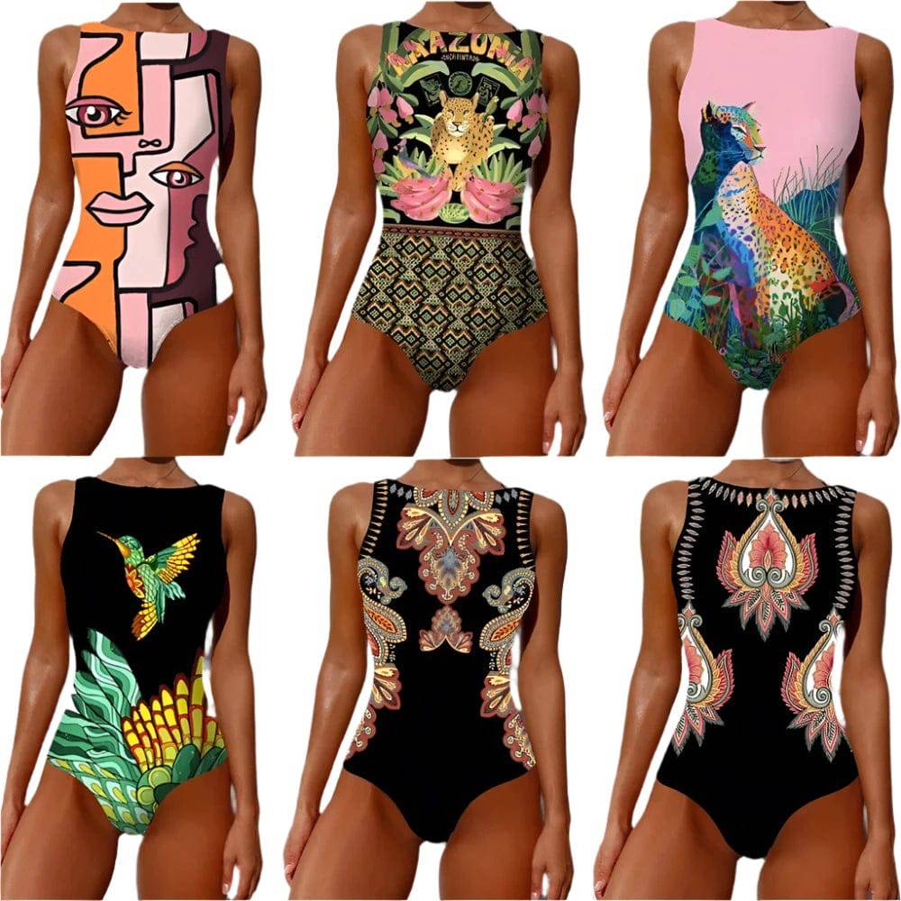 2024 New Printed One-piece Swimsuit Classic Printed Lace Up Swimsuit Women's Push Up Flower One-piece Suit Beach Wear For Female