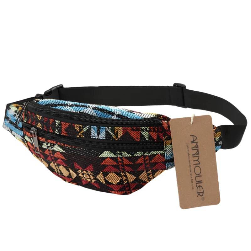 Annmouler New Women Fanny Pack 8 Colors Fabric Waist Packs Bohemian Style Waist Bag 2 Pocket Waist Belt Bag Travel Phone Pouch