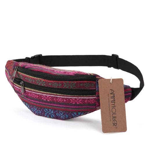 
                  
                    Annmouler New Women Fanny Pack 8 Colors Fabric Waist Packs Bohemian Style Waist Bag 2 Pocket Waist Belt Bag Travel Phone Pouch
                  
                