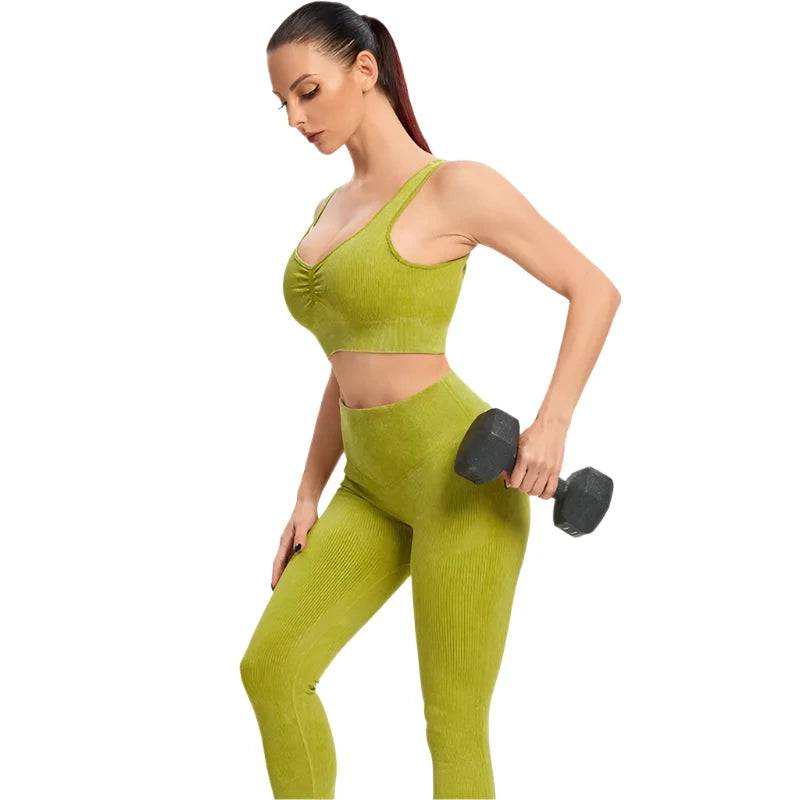 Seamless Ribbed Women's Sportswear Two Piece Yoga Set High Waist Gym Leggings Crop Top Fitness Sports Suits Acid Wash Activewear