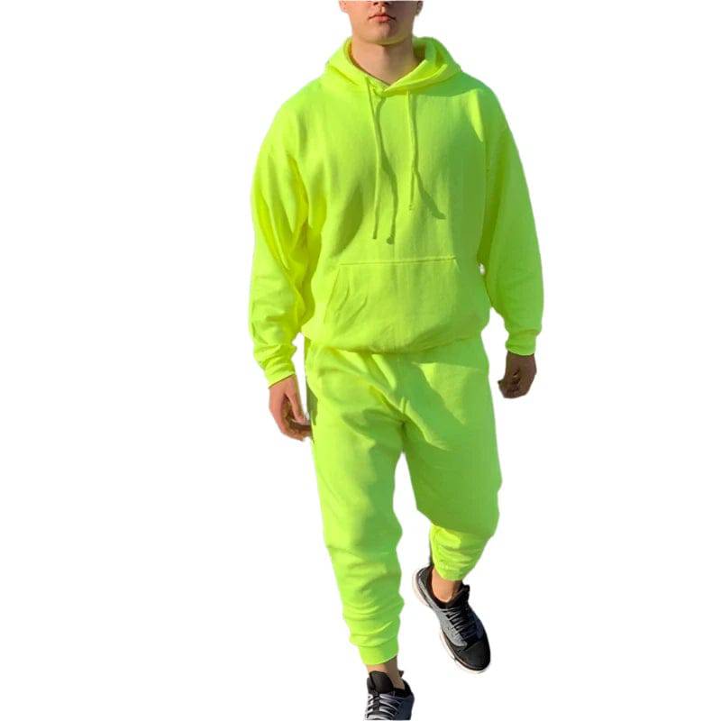 Neon Green Style Men's Fashion Tracksuit Solid 2 Pieces Long Sleeve Hoody+Loose Swearpants Casual Sportsuit Men 2024 Newest OMSJ