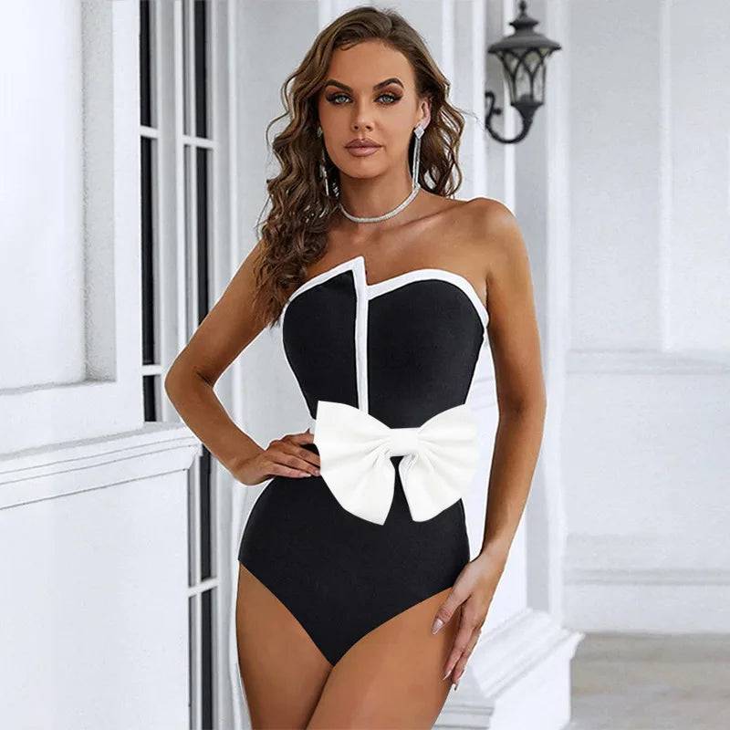 
                  
                    Color Block Off Shoulder Bow One Piece Swimwear and Cover Up Women's Push Up Bandeau Swimsuit Luxury Bathing Suit Beachwear 2024
                  
                