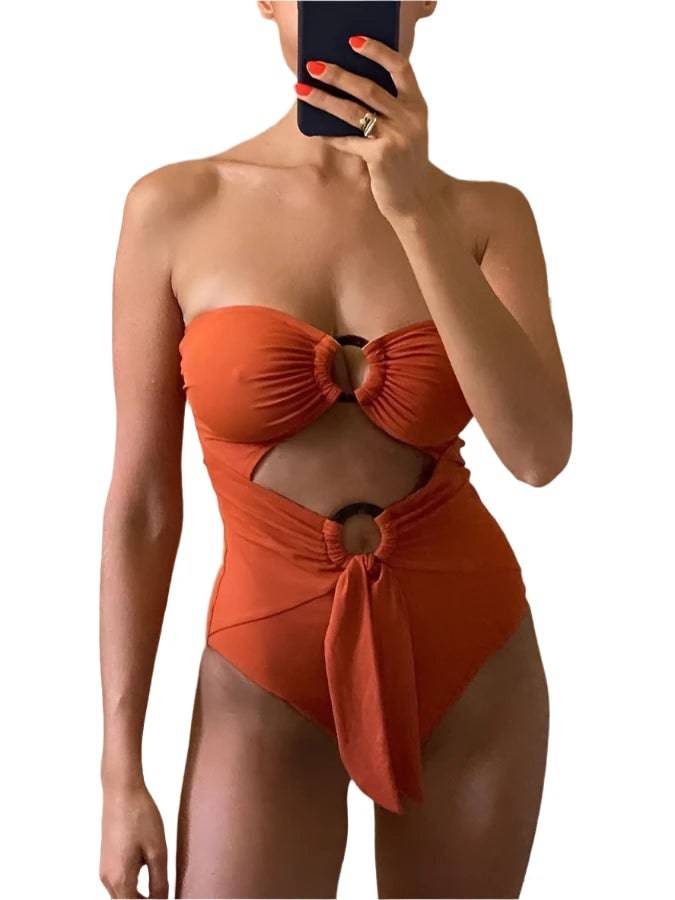 Female Retro Swimsuit Holiday Beachwear Orange Solid Swimwear Flower Print Cover Up Designer Bathing Suit Summer Surf Wear 2024