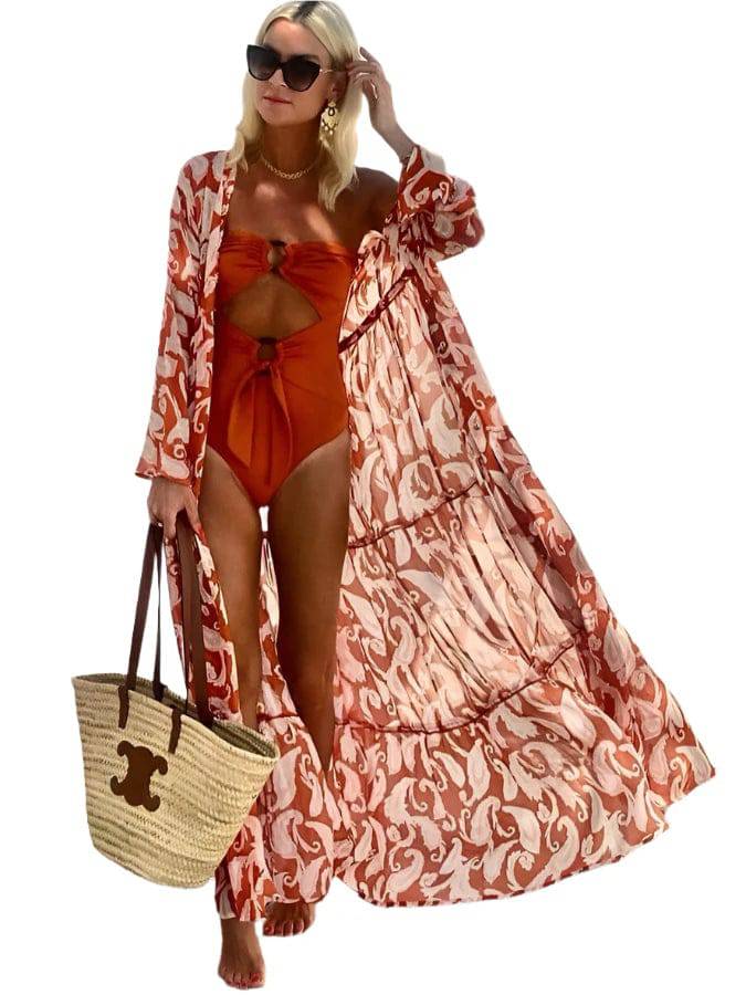 
                  
                    Female Retro Swimsuit Holiday Beachwear Orange Solid Swimwear Flower Print Cover Up Designer Bathing Suit Summer Surf Wear 2024
                  
                