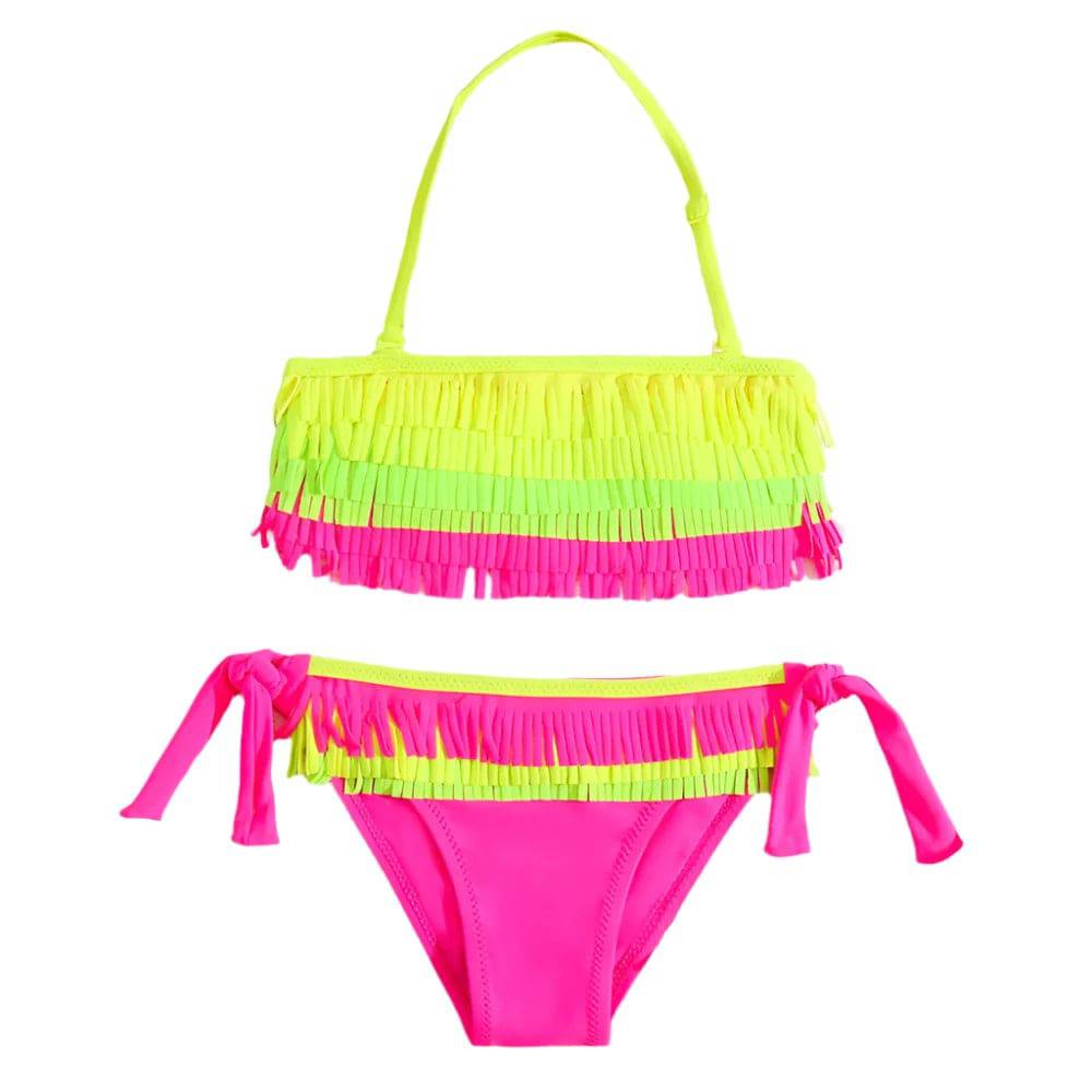 Girls Patchwork Fringe Bikini Swimsuit Kids Halter Top Two Piece Children's Swimwear 5-12 Years Tie Side Bathing Suit Beachwear