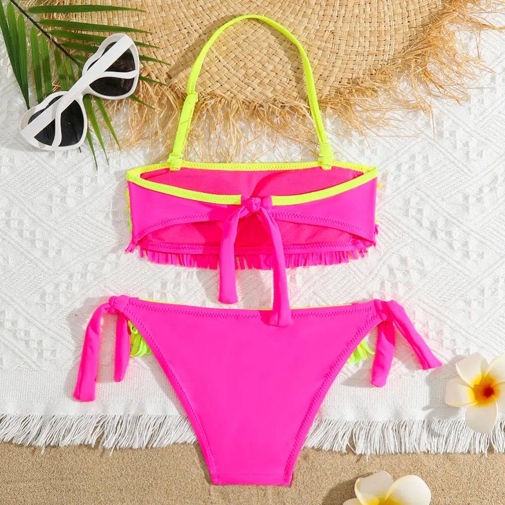 
                  
                    Girls Patchwork Fringe Bikini Swimsuit Kids Halter Top Two Piece Children's Swimwear 5-12 Years Tie Side Bathing Suit Beachwear
                  
                