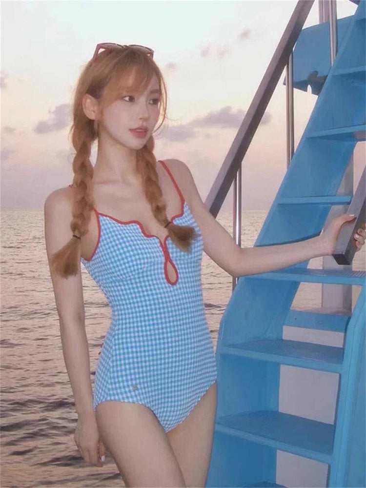 
                  
                    Red Scalloped Rim Swimsuit Sexy Women Blue Plaid Swimwear 2023 New Swim Bathing Suit One Piece Summer Beachwear Monokini
                  
                