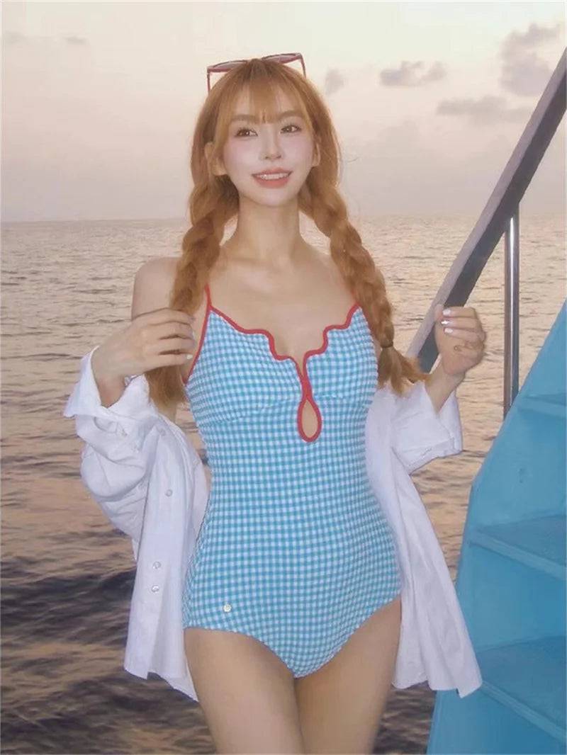 
                  
                    Red Scalloped Rim Swimsuit Sexy Women Blue Plaid Swimwear 2023 New Swim Bathing Suit One Piece Summer Beachwear Monokini
                  
                