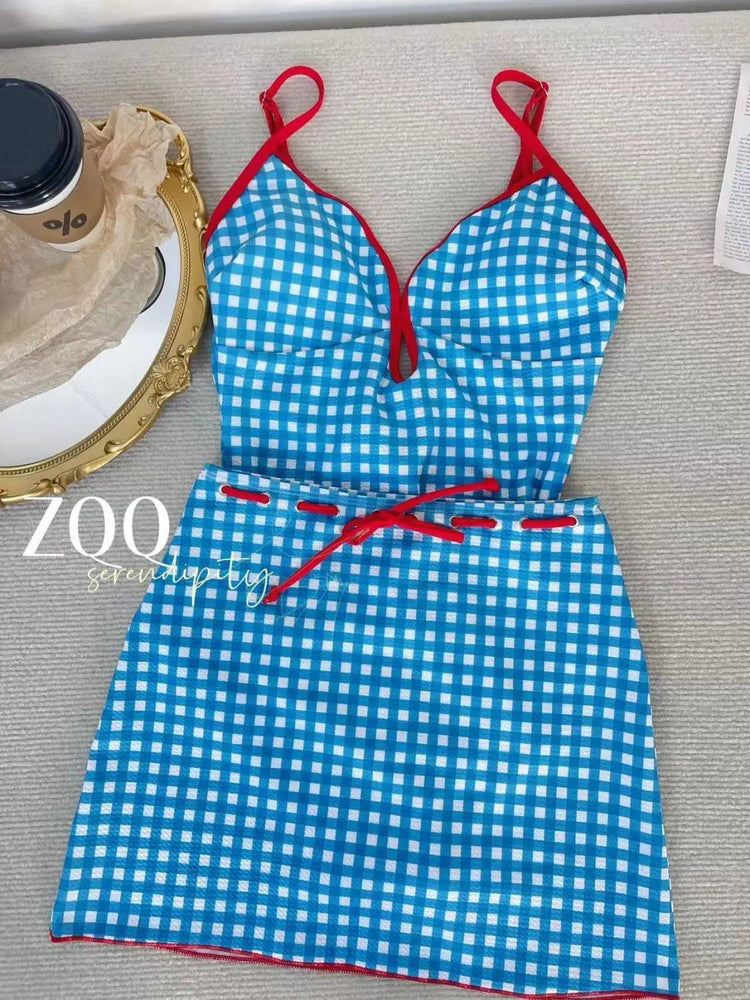 
                  
                    Red Scalloped Rim Swimsuit Sexy Women Blue Plaid Swimwear 2023 New Swim Bathing Suit One Piece Summer Beachwear Monokini
                  
                