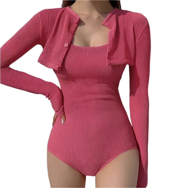 Korea Style One Piece Swimsuit Women Pink Swimming Bathing Suit Beachwear Swimsuit Swimwear Solid Bikini Women 2024