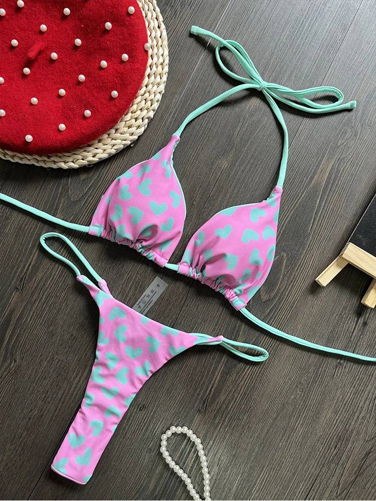 
                  
                    Para Praia Heart Print 2024 Halter Bikini Set Thong Swimsuit Women Bandage Swimwear Biquini Brazilian Bathing Suit Beachwear
                  
                