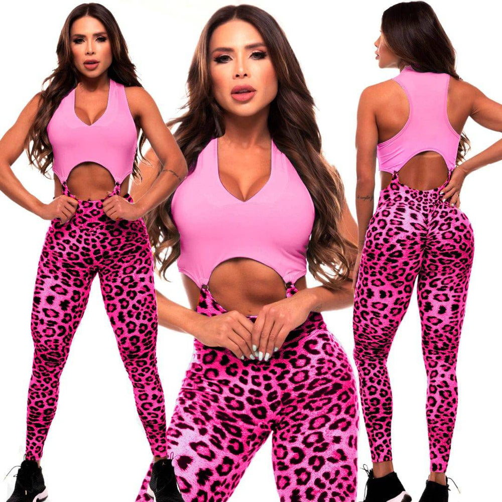 2024 Pad Seperate Sport Bra Scrunch Pant Leopard One Piece Jumpsuits Women Bodycon Workout Legging Gym Fitness Active Wear Suits