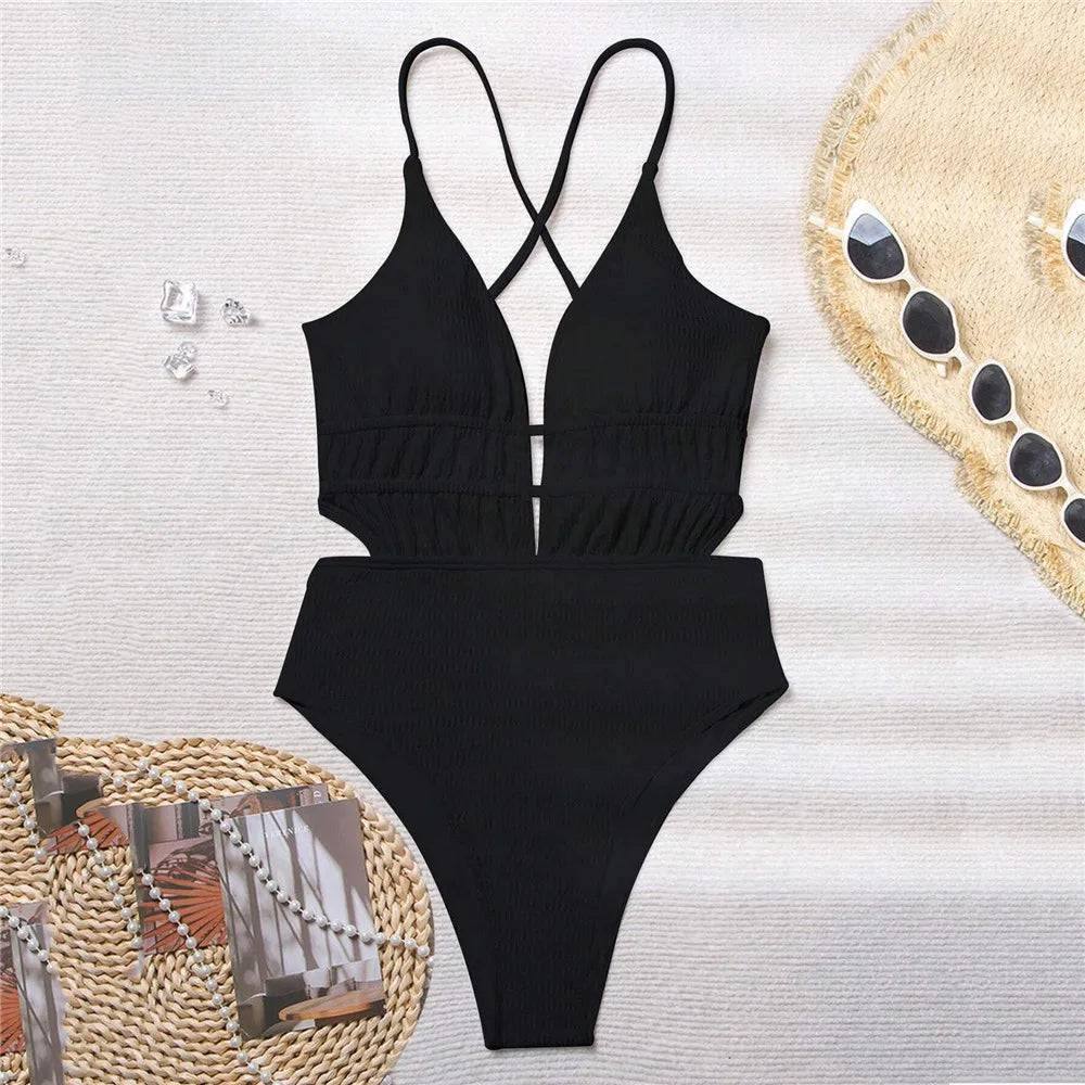 
                  
                    Sexy Black Ribbed Backless Swimwear Woman 2024 One Piece Swimsuits String Cross Swimming Wear Bathing Suit Bathers Bodysuit
                  
                