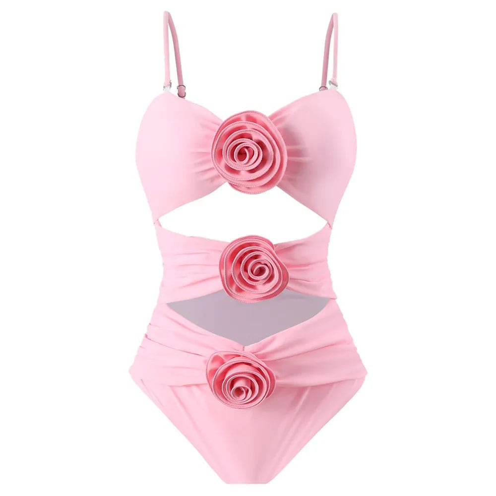 Sexy Pink 3D Flower Swimwear Woman One Piece Swimsuits Female Cut Out Monokini Bathing Swimming for Women Bathers Swim 2024 New