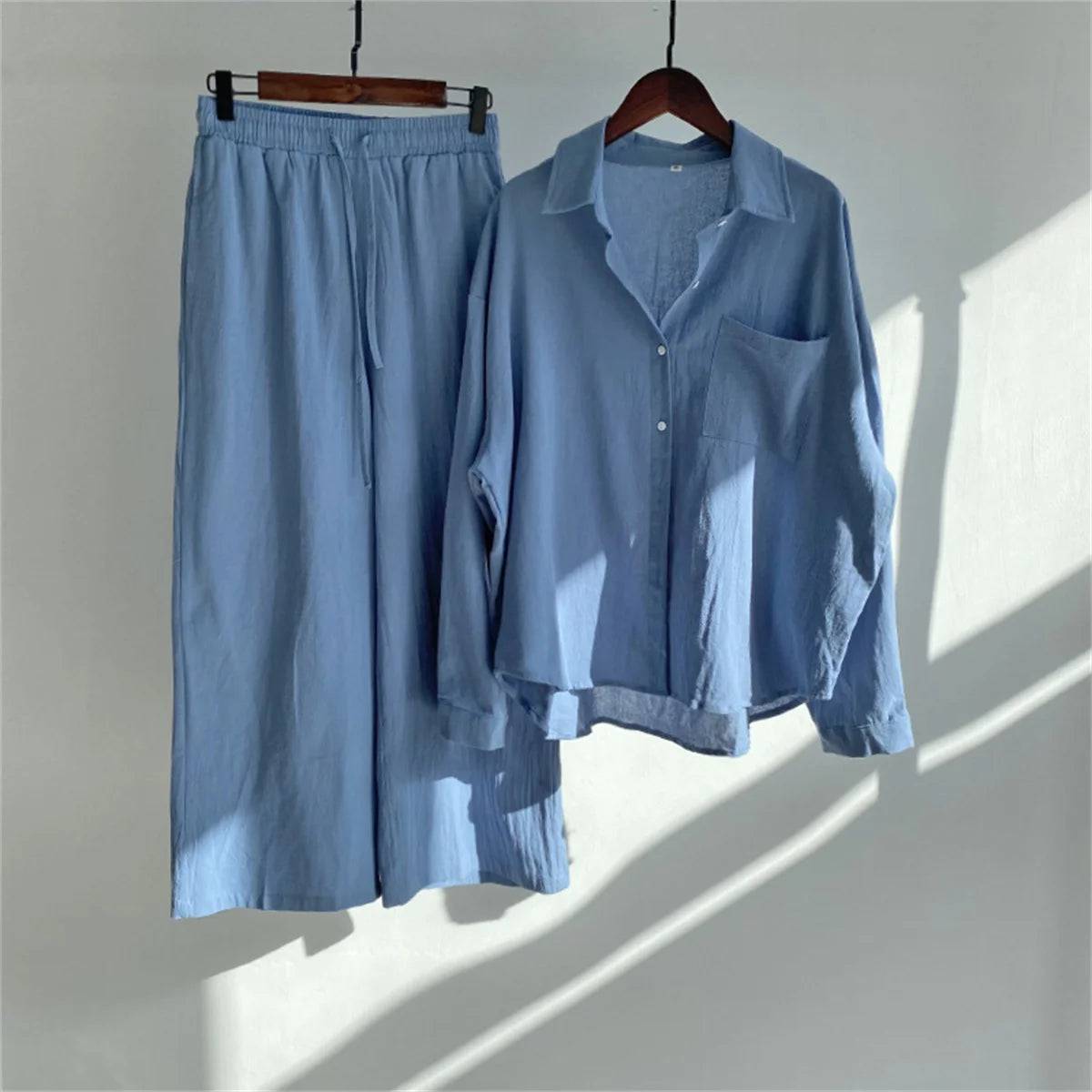 
                  
                    Women Casual Long Sleeve Two Piece Sets Solid Color Spring Summer 2024 Turn-down Collar Shirt Baggy Wide-leg Pants Outfit Set
                  
                