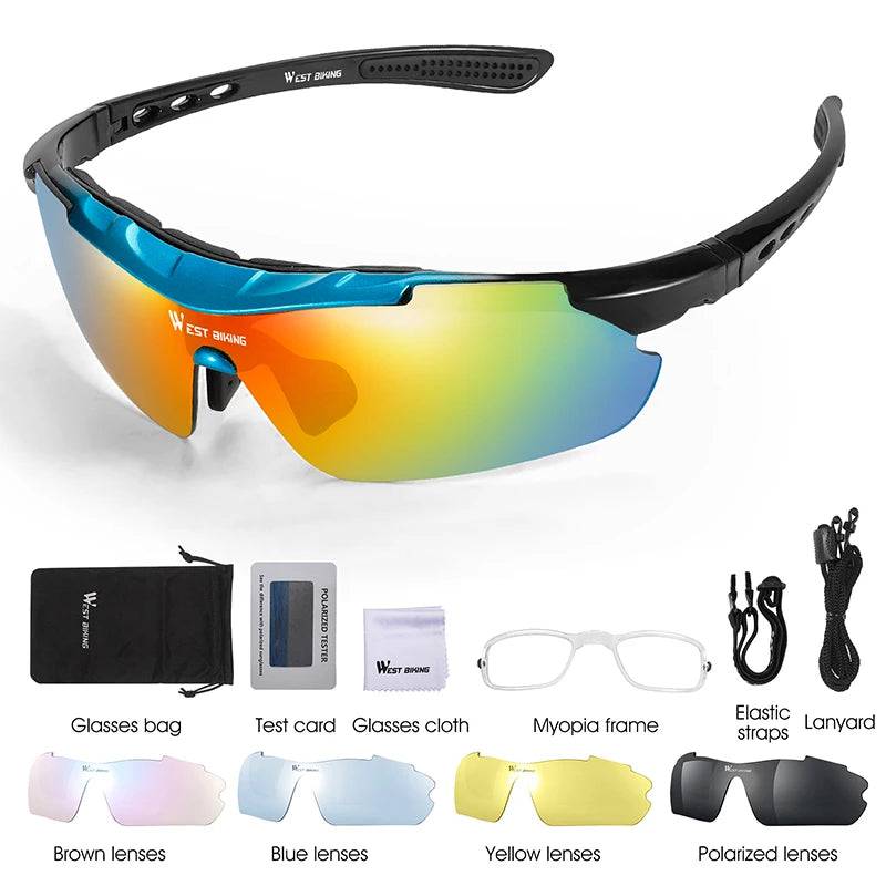 WEST BIKING Cycling Polarized Sunglasses Bike Motorcycle Windproof Trending Glasses 5 Lens UV400 MTB Goggles With Myopia Frame