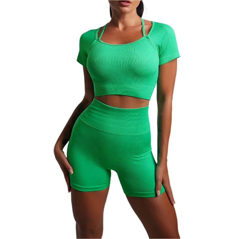 Sportswear Women Seamless Fitness Yoga Suit Short Sleeve Crop Top High Waist Workout Clothes Gym Wear Sports Outfit