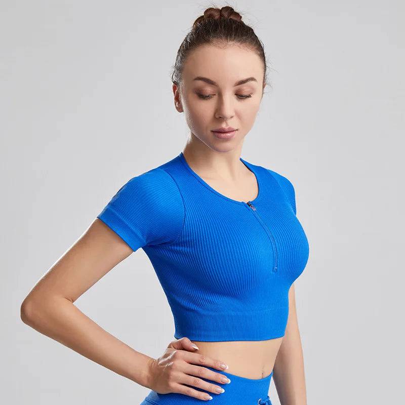 
                  
                    Woman Sports Top With Zipper Yoga Crop Top Ribbed Short Sleeve Top For Fitness Workout T-shirt Tops Gym Clothing Sportswear
                  
                