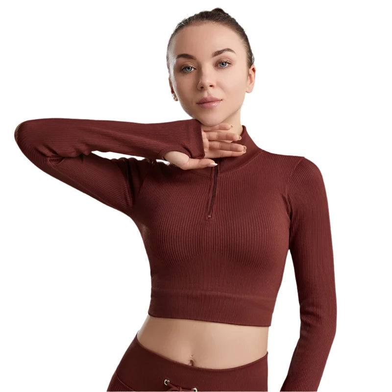 Women's Shirt Seamless Crop Top Fitness Shirts Long Sleeve Sports Top Woman Front Zipper Yoga Tops Activewear With Thumb Hole