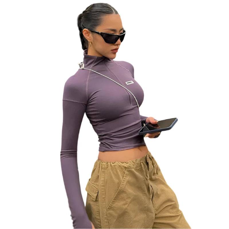 Y2K Zip T Shirt Women Long Sleeve Crop Tops Pullover Stand Collar Slim Skinny Trashy Grunge Y2k Base Tees Sexy Female T-Shirts