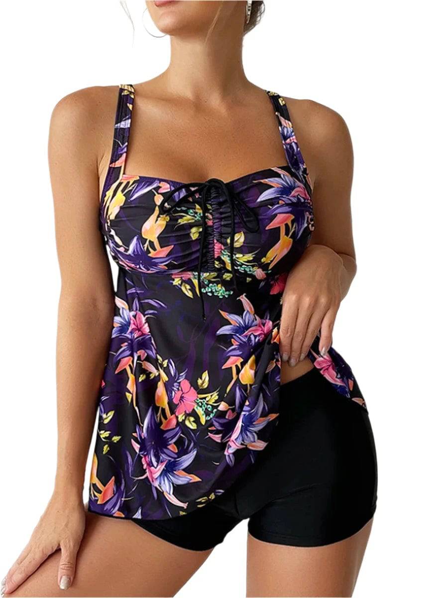 2023 Floral Printed Tankini Set Two Piece Swimsuit Short Women Drawstring Swimwear Female Bathing Suit Beachwear Swimming Summer