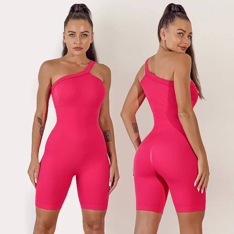 
                  
                    Yoga Set Women One Shoulder Sports Romper Padded Workout Jumpsuits Scrunch Shorts Sportswear
                  
                