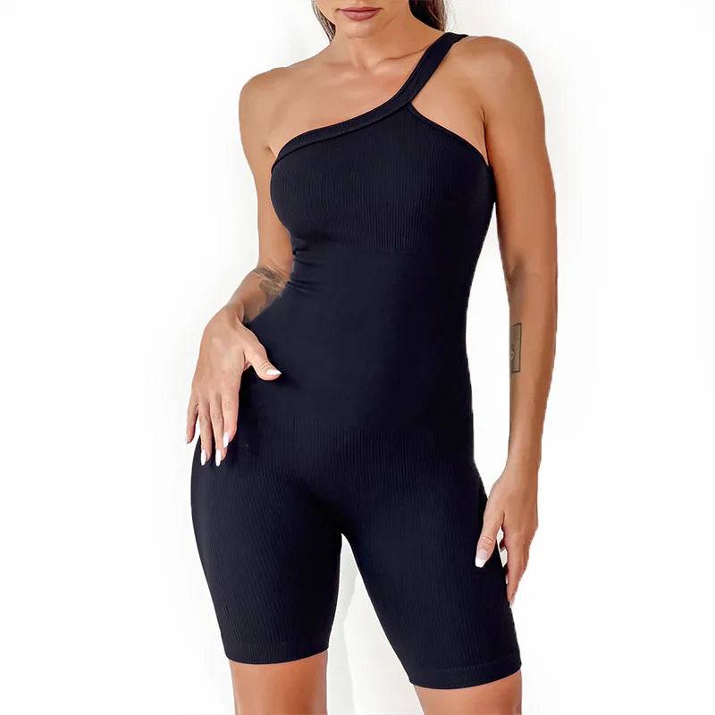 
                  
                    Yoga Set Women One Shoulder Sports Romper Padded Workout Jumpsuits Scrunch Shorts Sportswear
                  
                