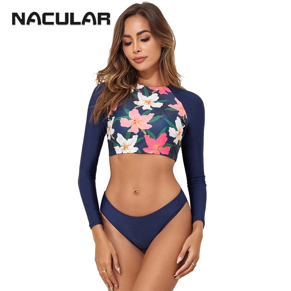 
                  
                    NACULAR 2024 Surf Swimsuit Long Sleeve Printed Swimwear Women Two Piece Rashguard Diving Bathing Swimming Suit Tankini High Cut
                  
                