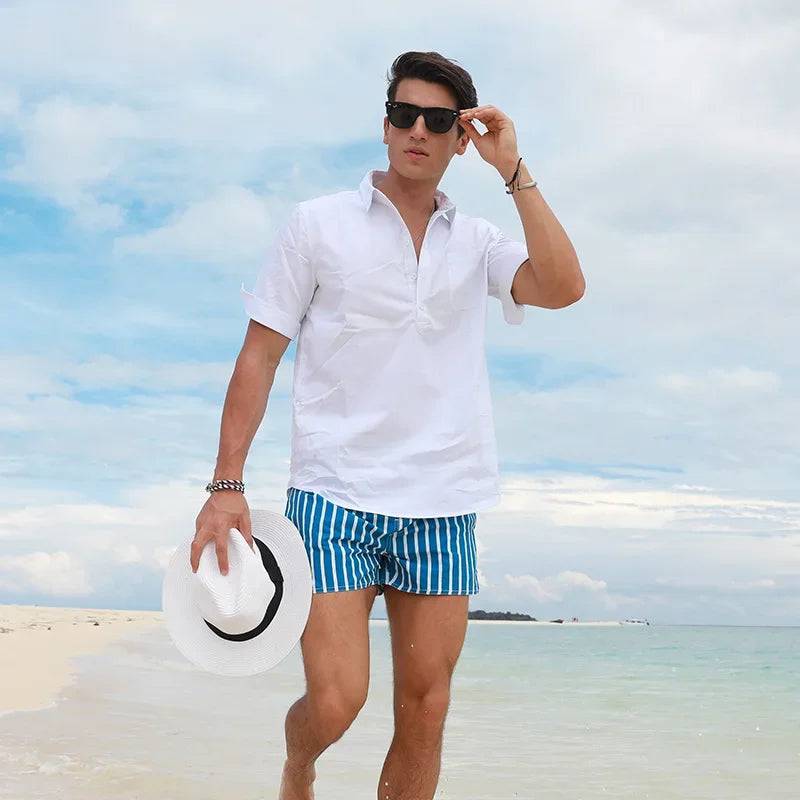 
                  
                    Men Clothing 2023 Beach Pants Men's Beach Vacation White Striped Shorts Hot Spring Swimming Trunks with Lining
                  
                