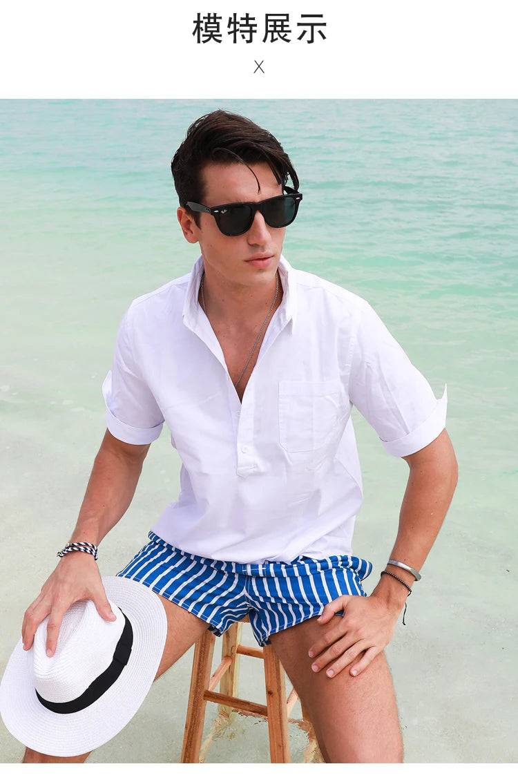 
                  
                    Men Clothing 2023 Beach Pants Men's Beach Vacation White Striped Shorts Hot Spring Swimming Trunks with Lining
                  
                