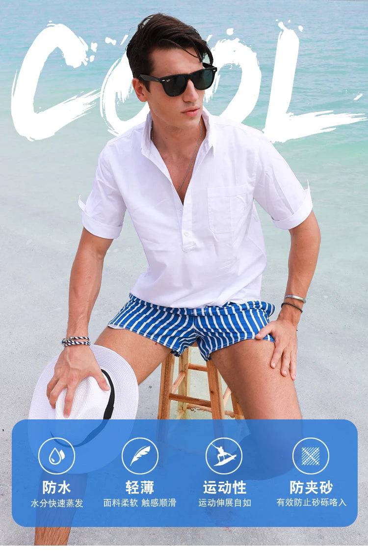 
                  
                    Men Clothing 2023 Beach Pants Men's Beach Vacation White Striped Shorts Hot Spring Swimming Trunks with Lining
                  
                