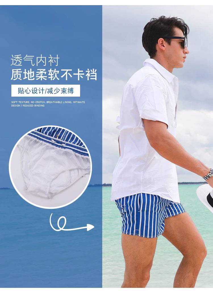 
                  
                    Men Clothing 2023 Beach Pants Men's Beach Vacation White Striped Shorts Hot Spring Swimming Trunks with Lining
                  
                