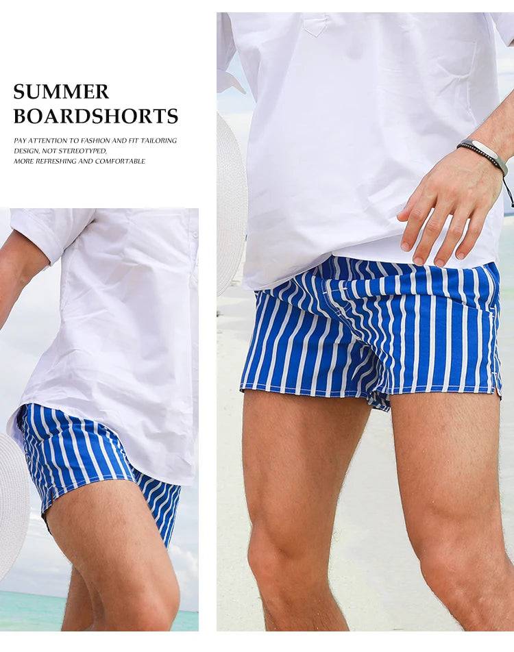 
                  
                    Men Clothing 2023 Beach Pants Men's Beach Vacation White Striped Shorts Hot Spring Swimming Trunks with Lining
                  
                