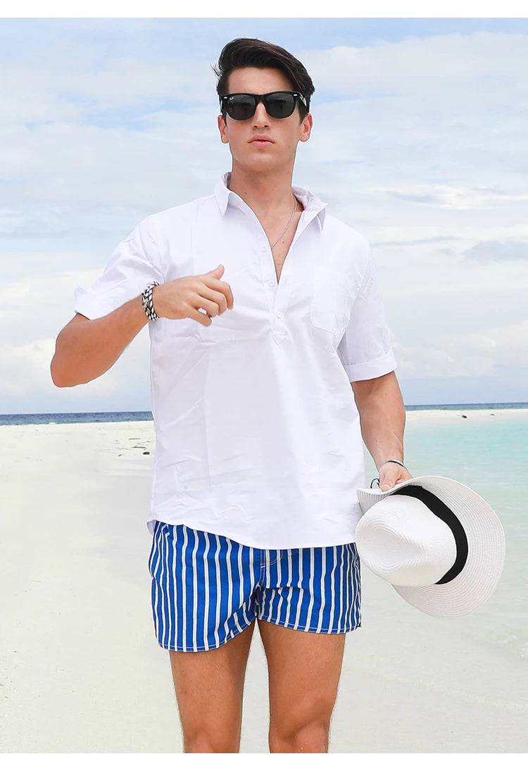 
                  
                    Men Clothing 2023 Beach Pants Men's Beach Vacation White Striped Shorts Hot Spring Swimming Trunks with Lining
                  
                